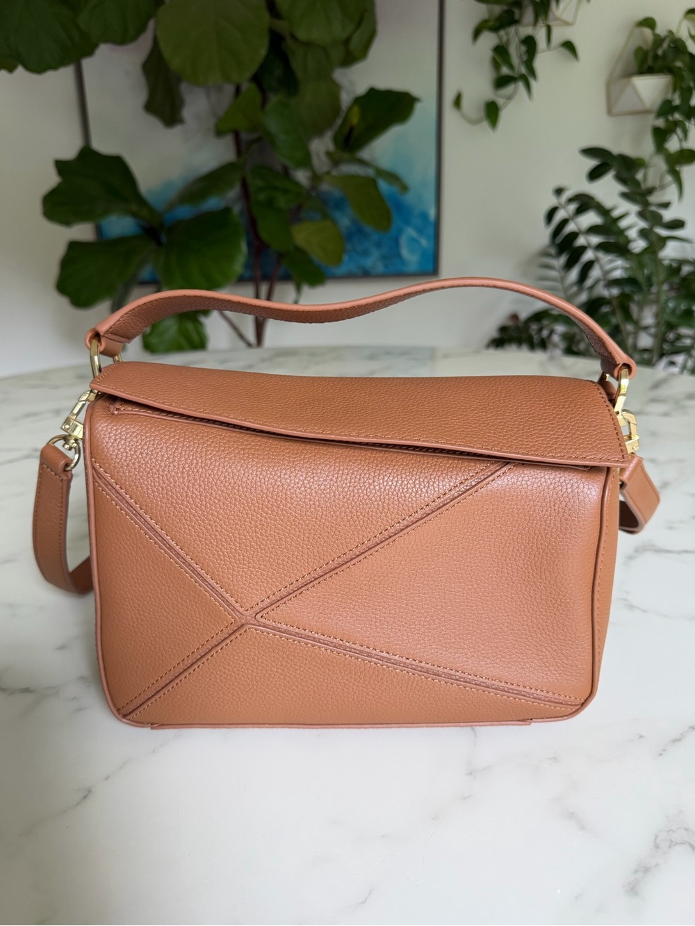 Quince Italian Leather Patchwork Crossbody Top Handle Bag Cognac Brown Puzzle